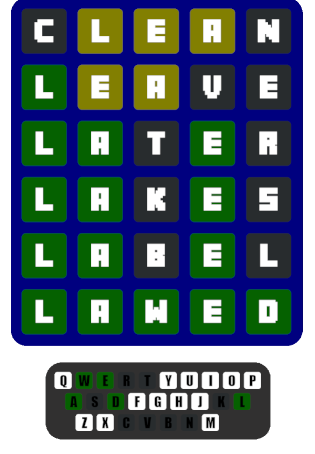 A completed Twordle game. The answer was LAWED, guessed on the final chance.